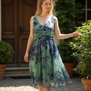 Elevenses Anthropologie Women’s Floral Silk Pleated V Neckline Dress